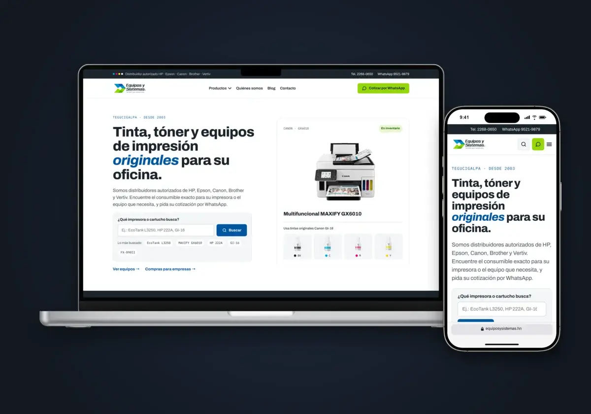 Sitio web de Equipos y Sistemas en laptop y celular