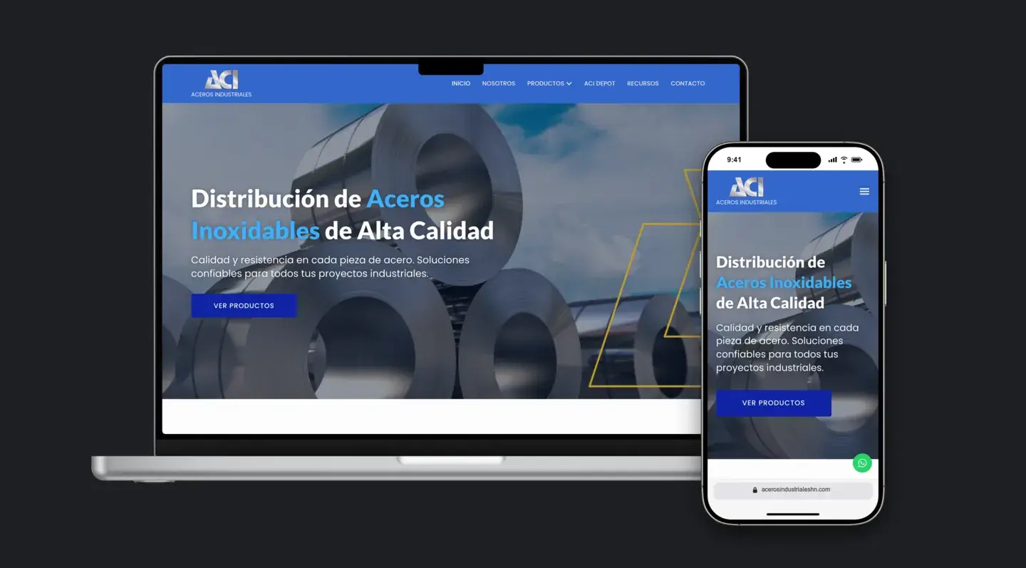 Sitio web de Aceros Industriales en laptop y celular