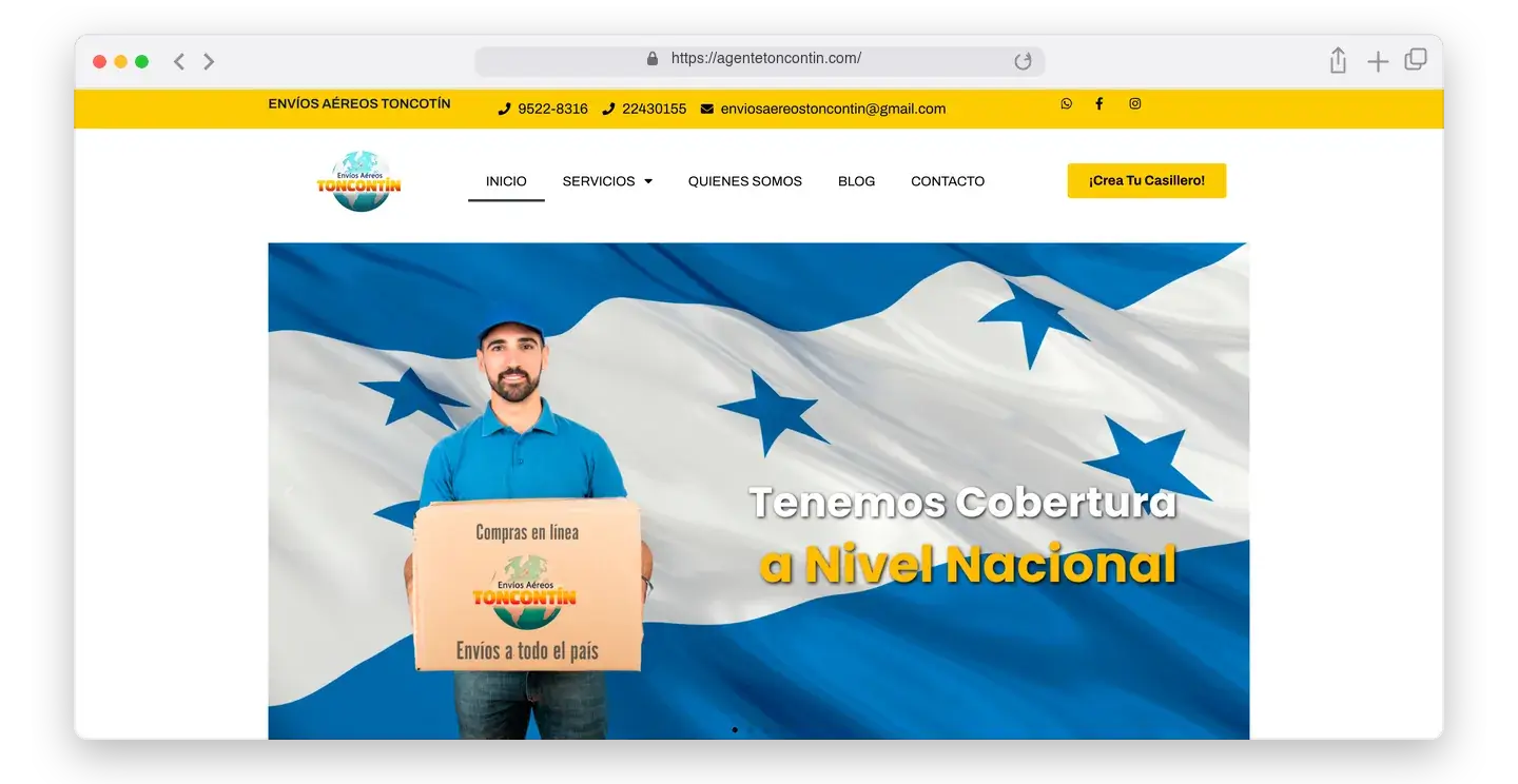 Página de inicio de Agente Toncontín en el navegador
