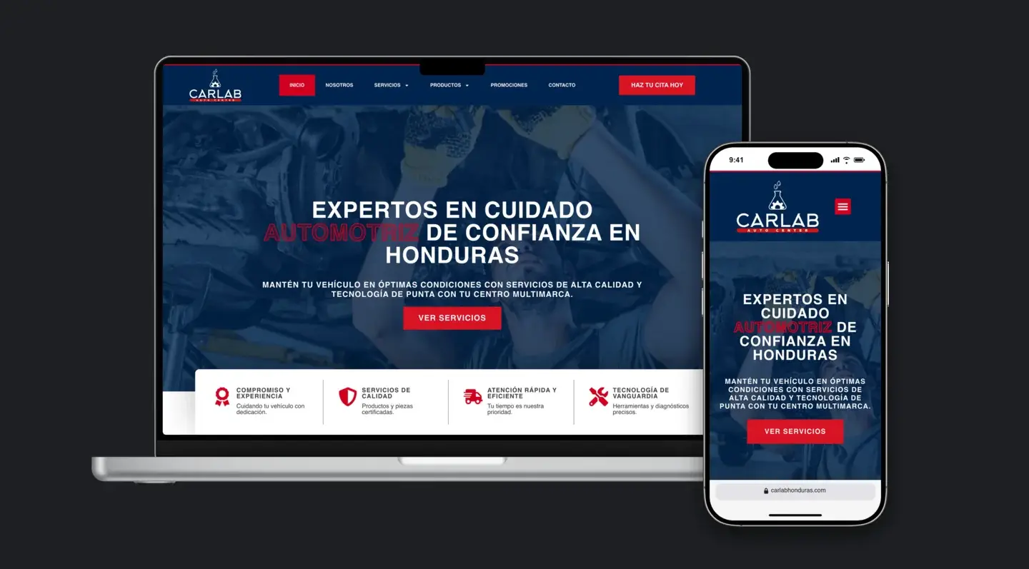 Sitio web de Carlab en laptop y celular