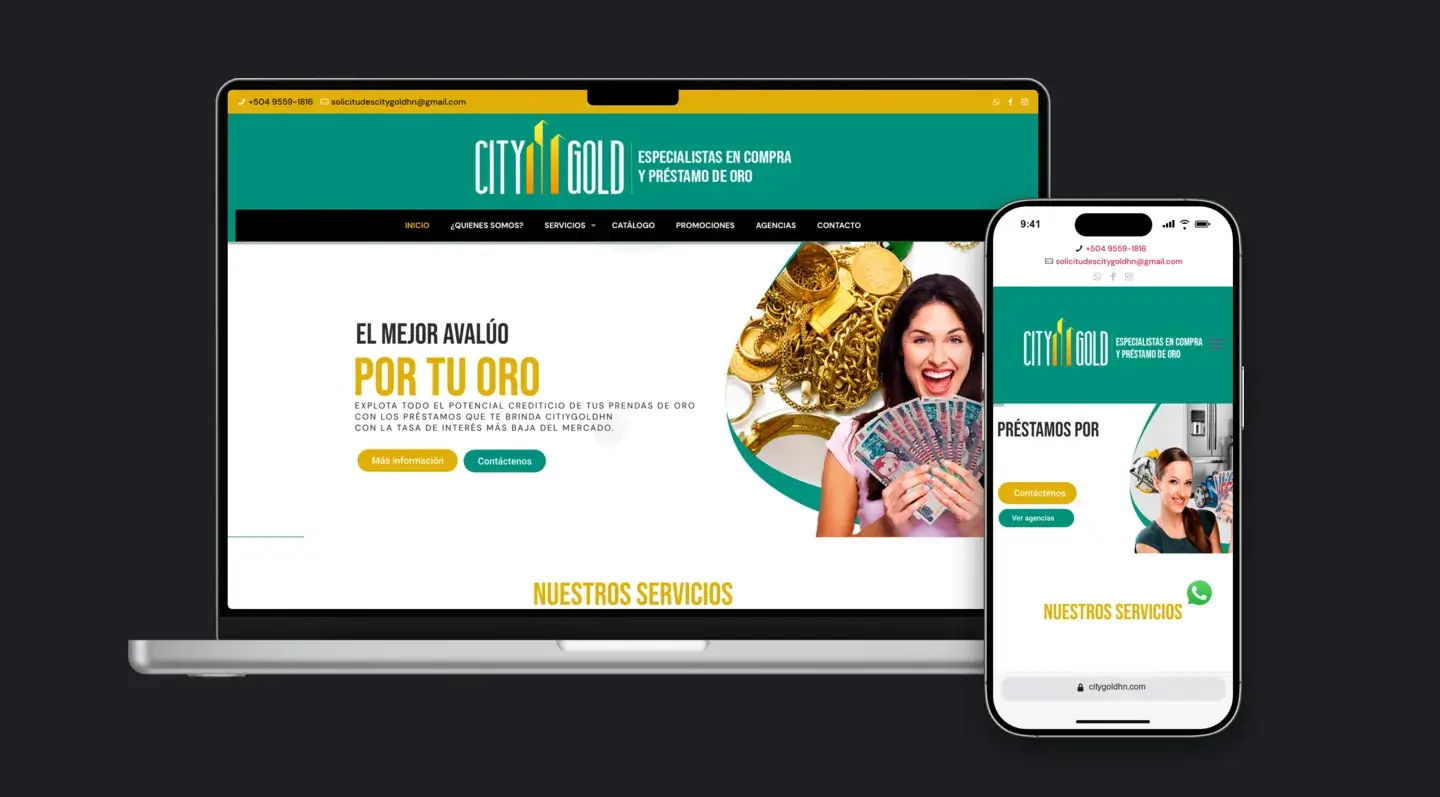 Sitio web de City Gold en laptop y celular