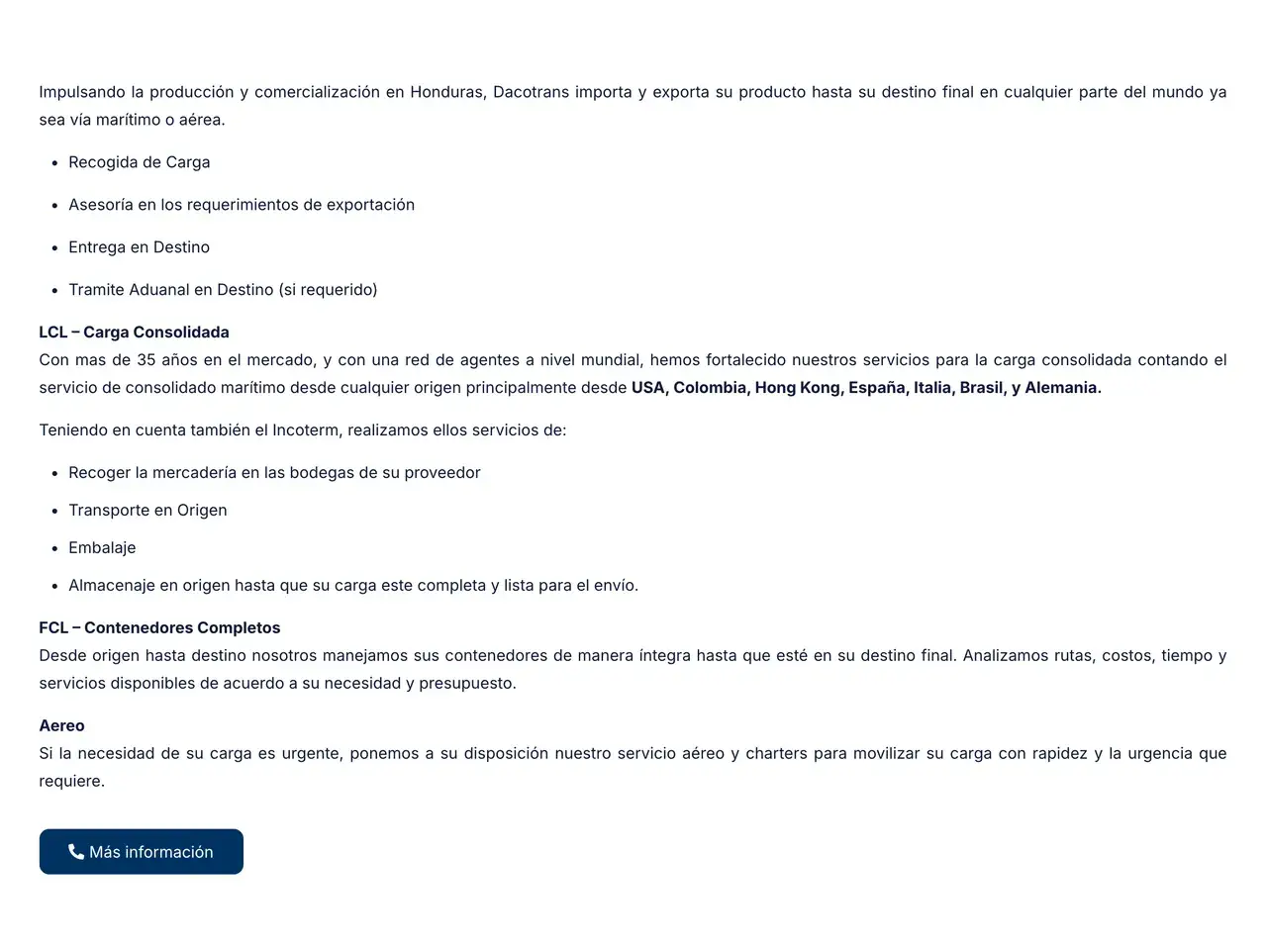 Servicios en el sitio de Dacotrans