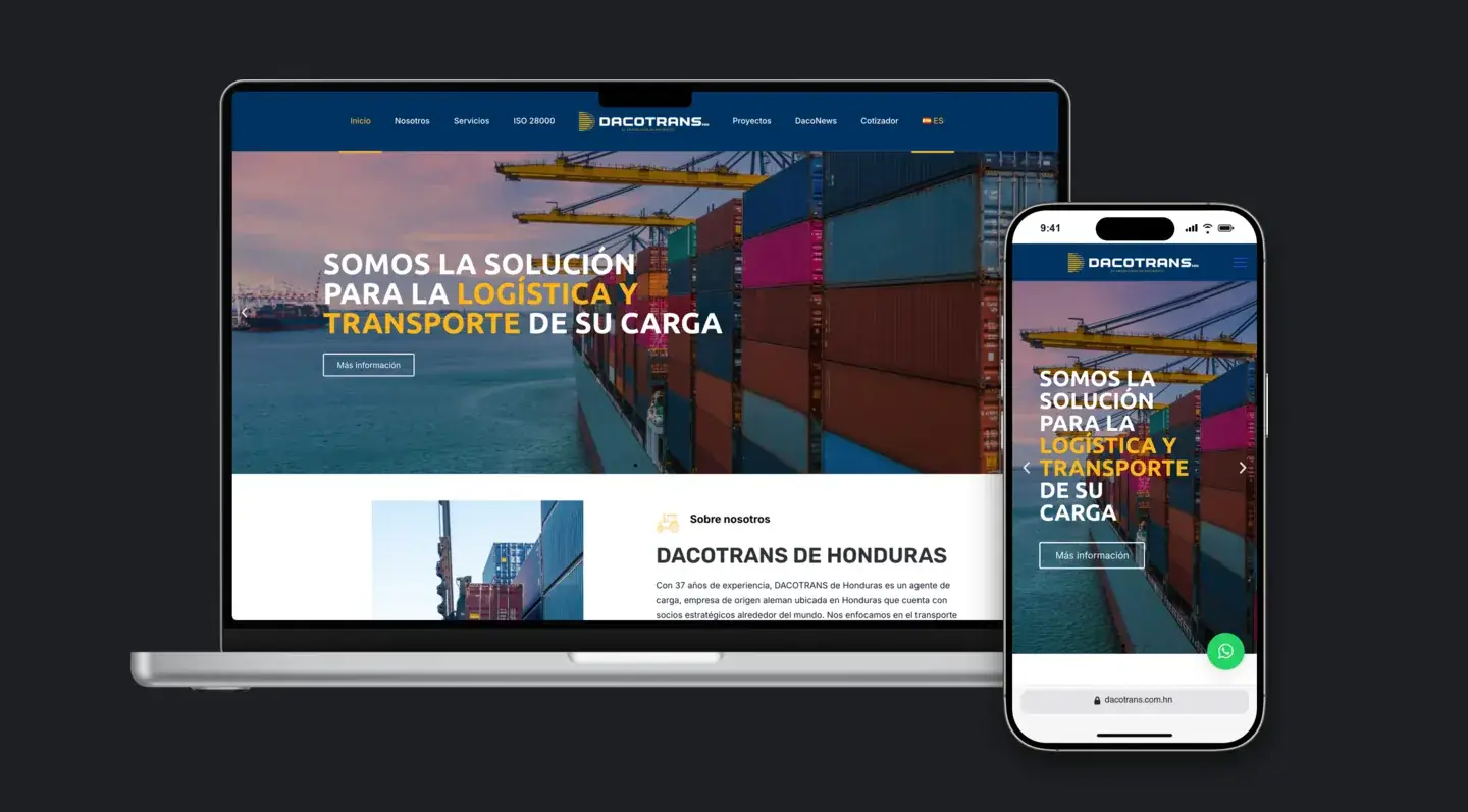 Sitio web de Dacotrans en laptop y celular