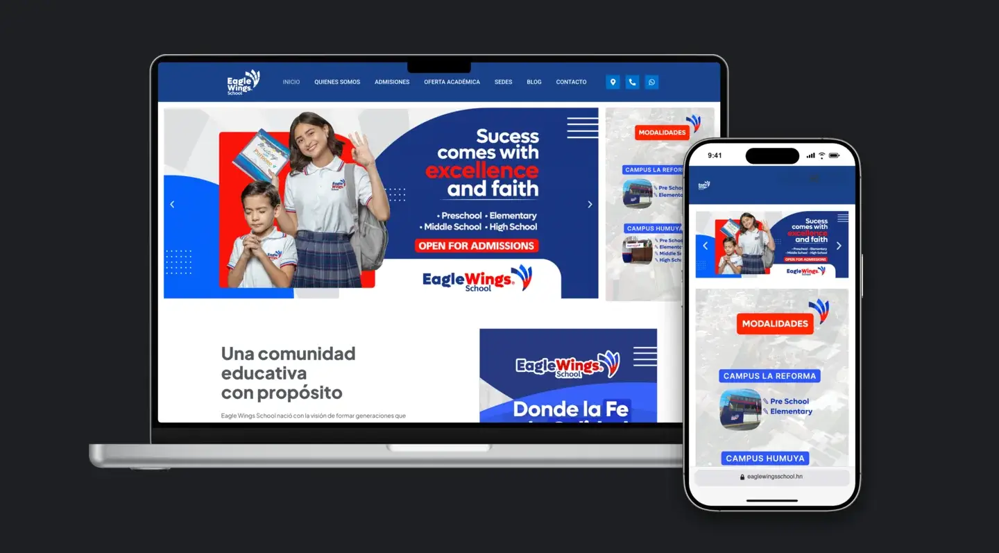 Sitio web de Eagle Wings School en laptop y celular