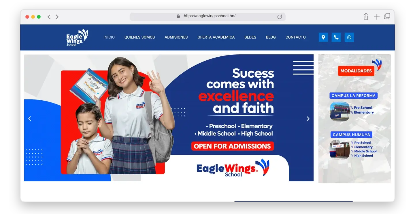 Página de inicio de Eagle Wings School en el navegador