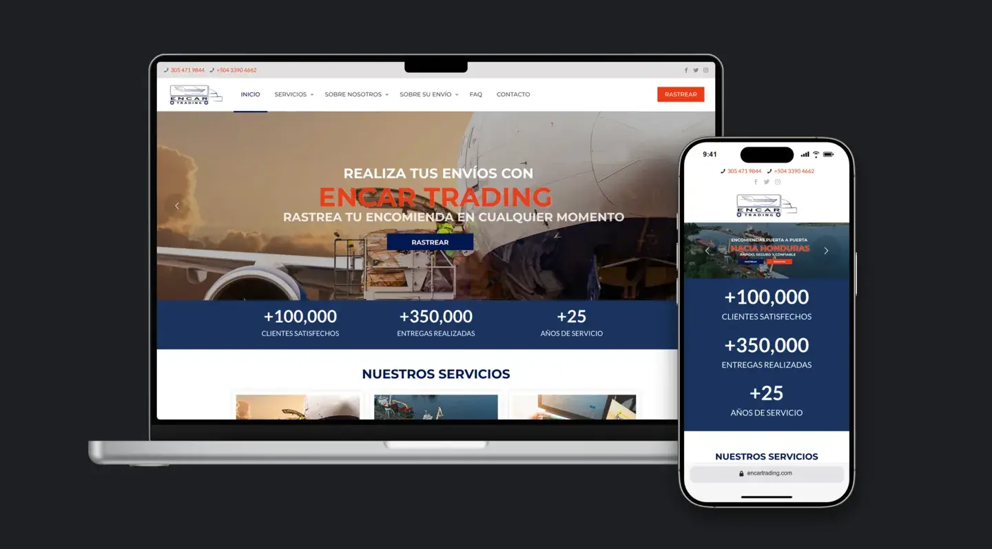 Sitio web de Encar Trading en laptop y celular