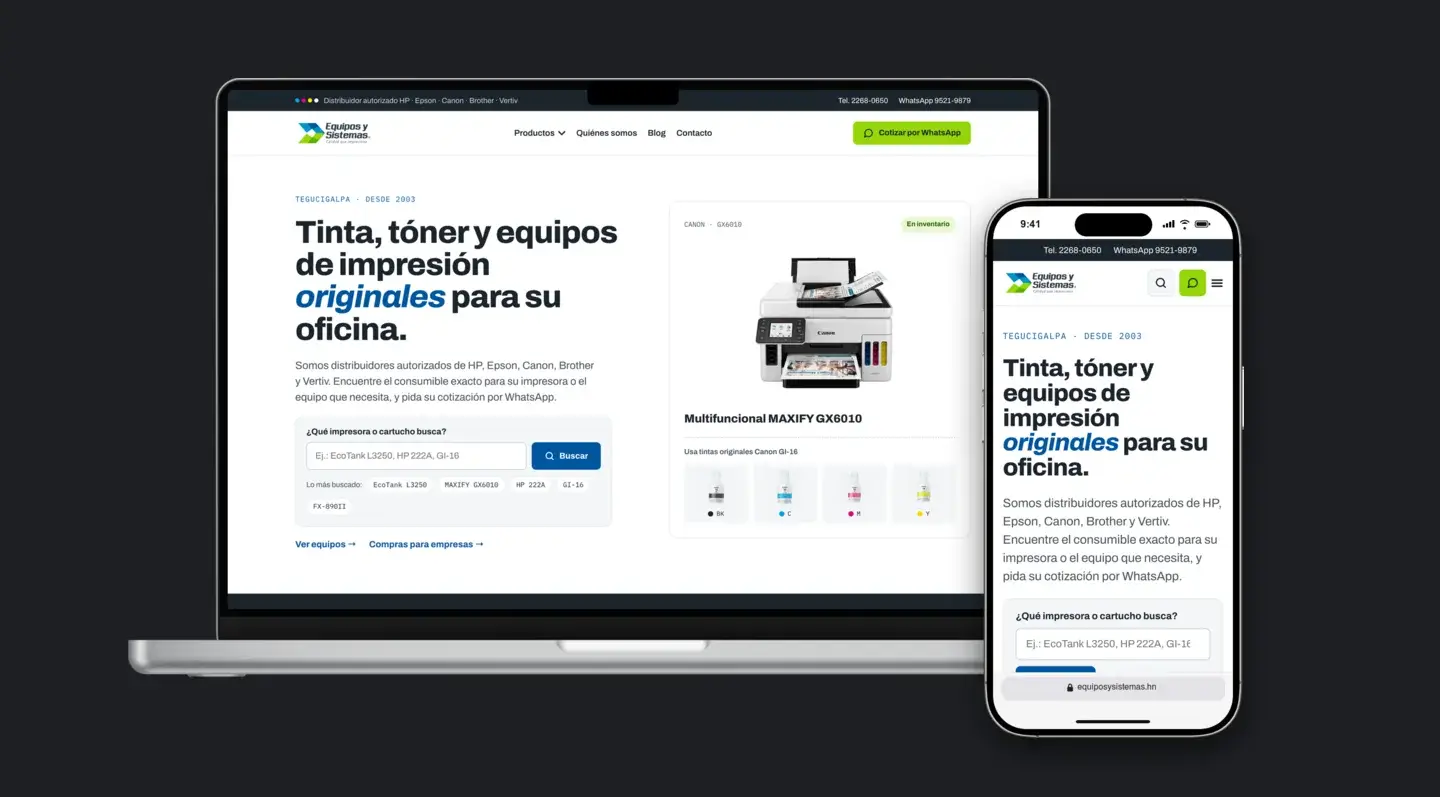 Sitio web de Equipos y Sistemas en laptop y celular