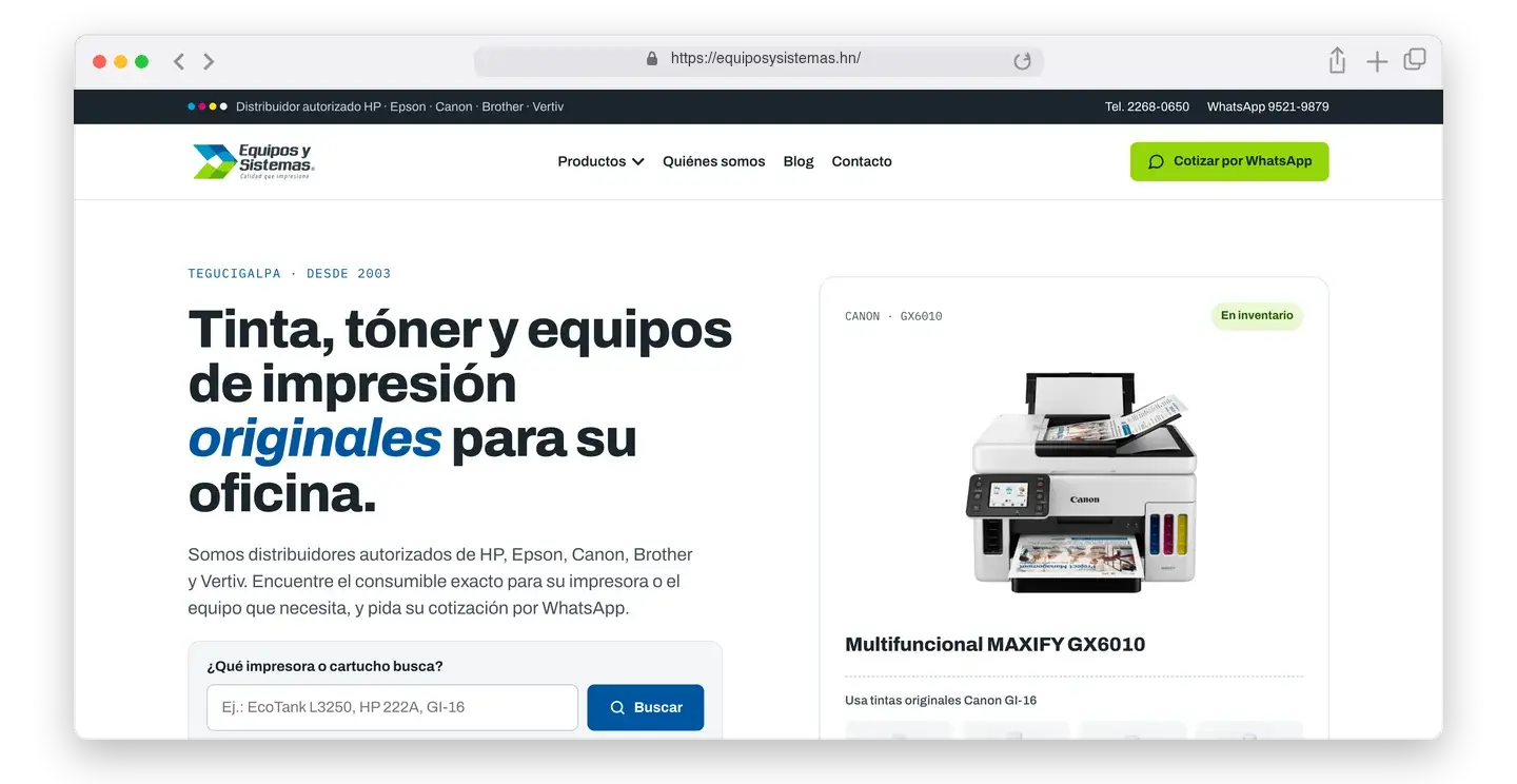 Página de inicio de Equipos y Sistemas en el navegador
