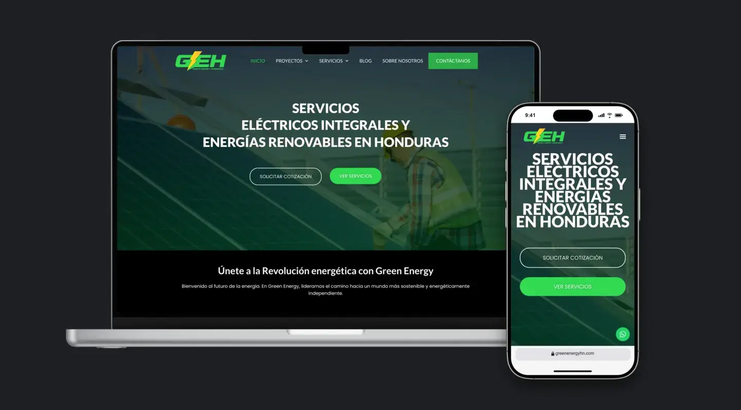 Sitio web de Green Energy Honduras en laptop y celular