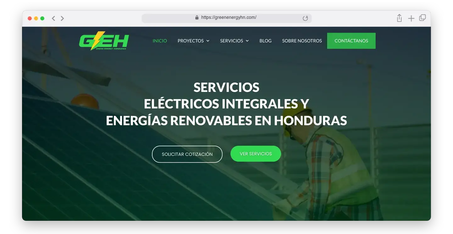 Página de inicio de Green Energy Honduras en el navegador