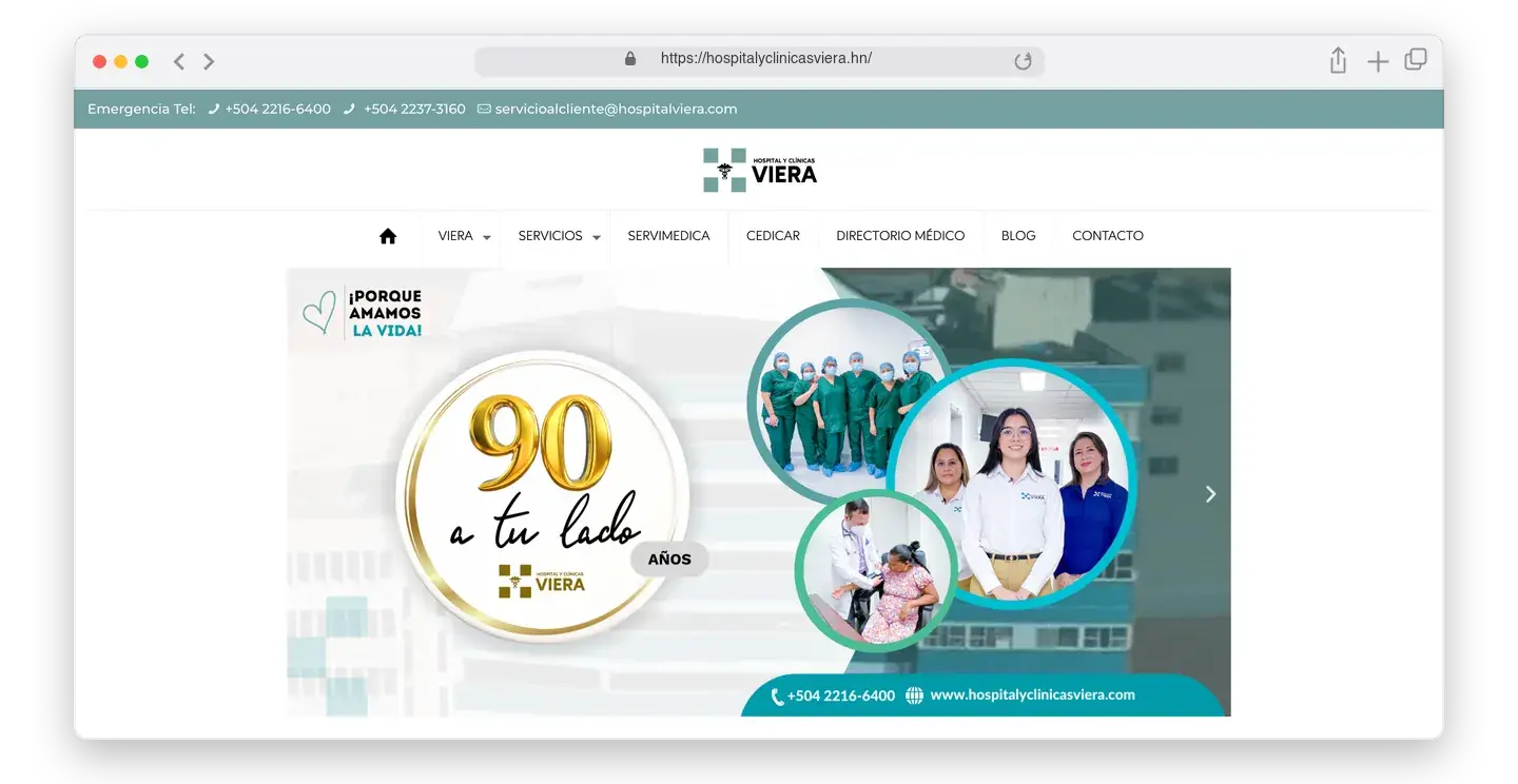 Página de inicio de Hospital y Clínicas Viera en el navegador