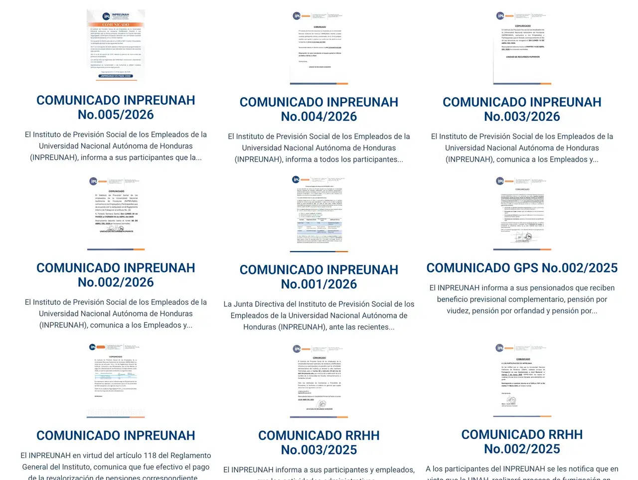 Comunicados en el sitio de INPREUNAH