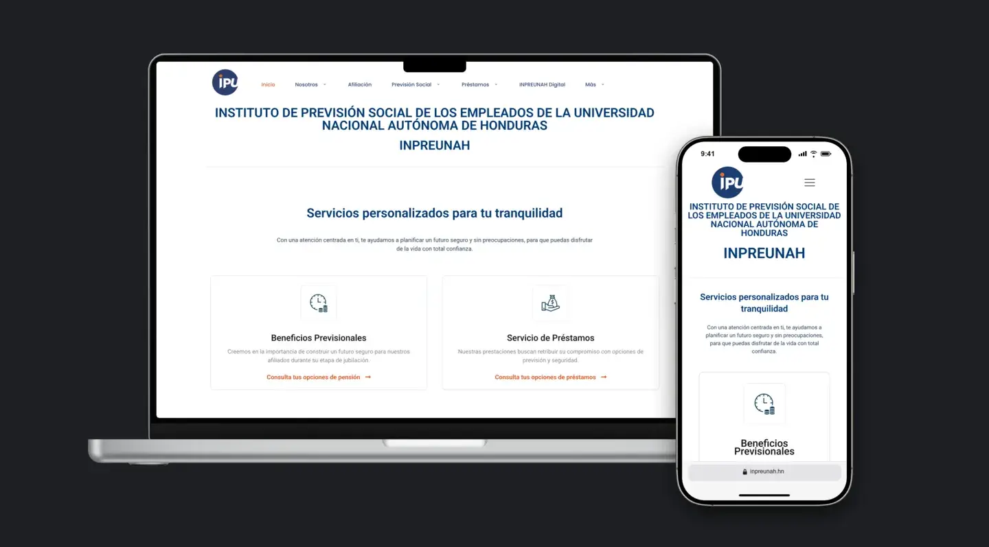 Sitio web de INPREUNAH en laptop y celular