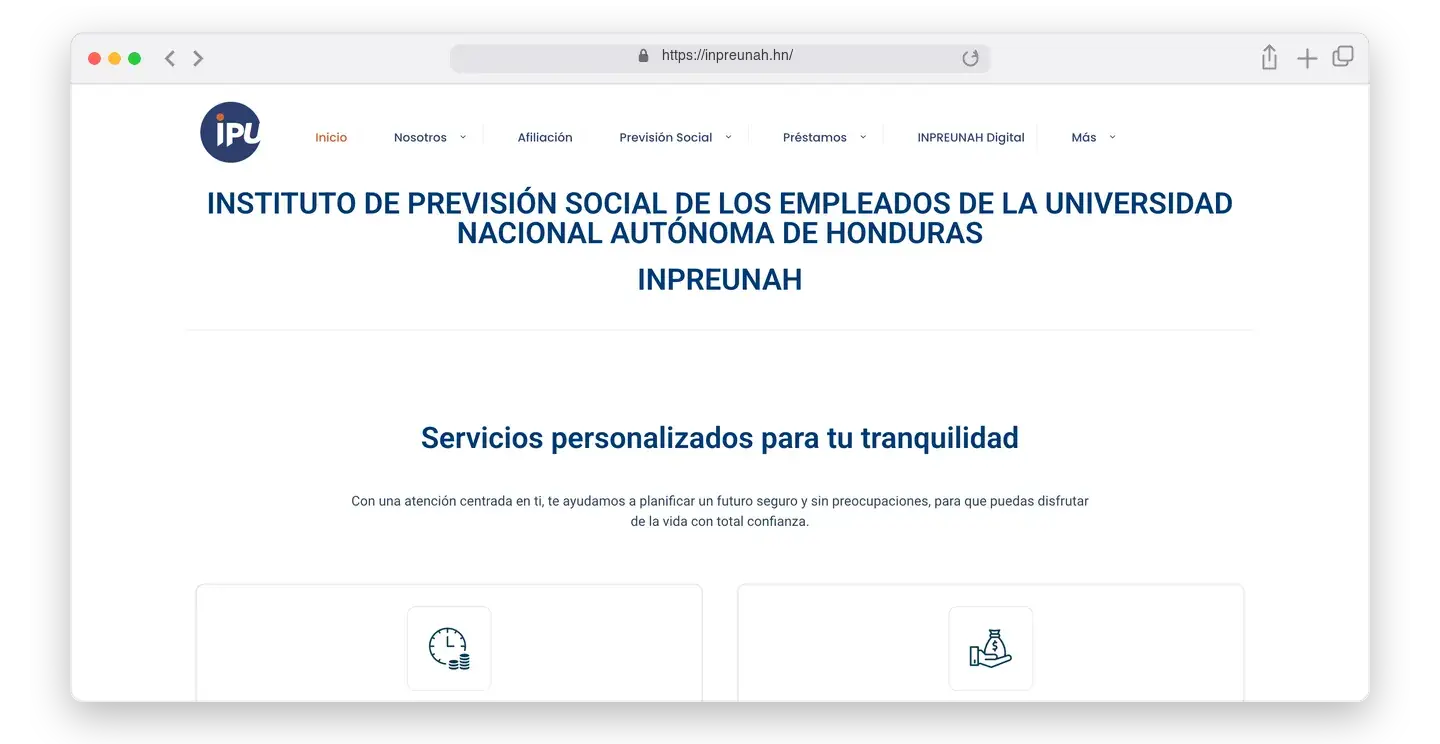 Página de inicio de INPREUNAH en el navegador