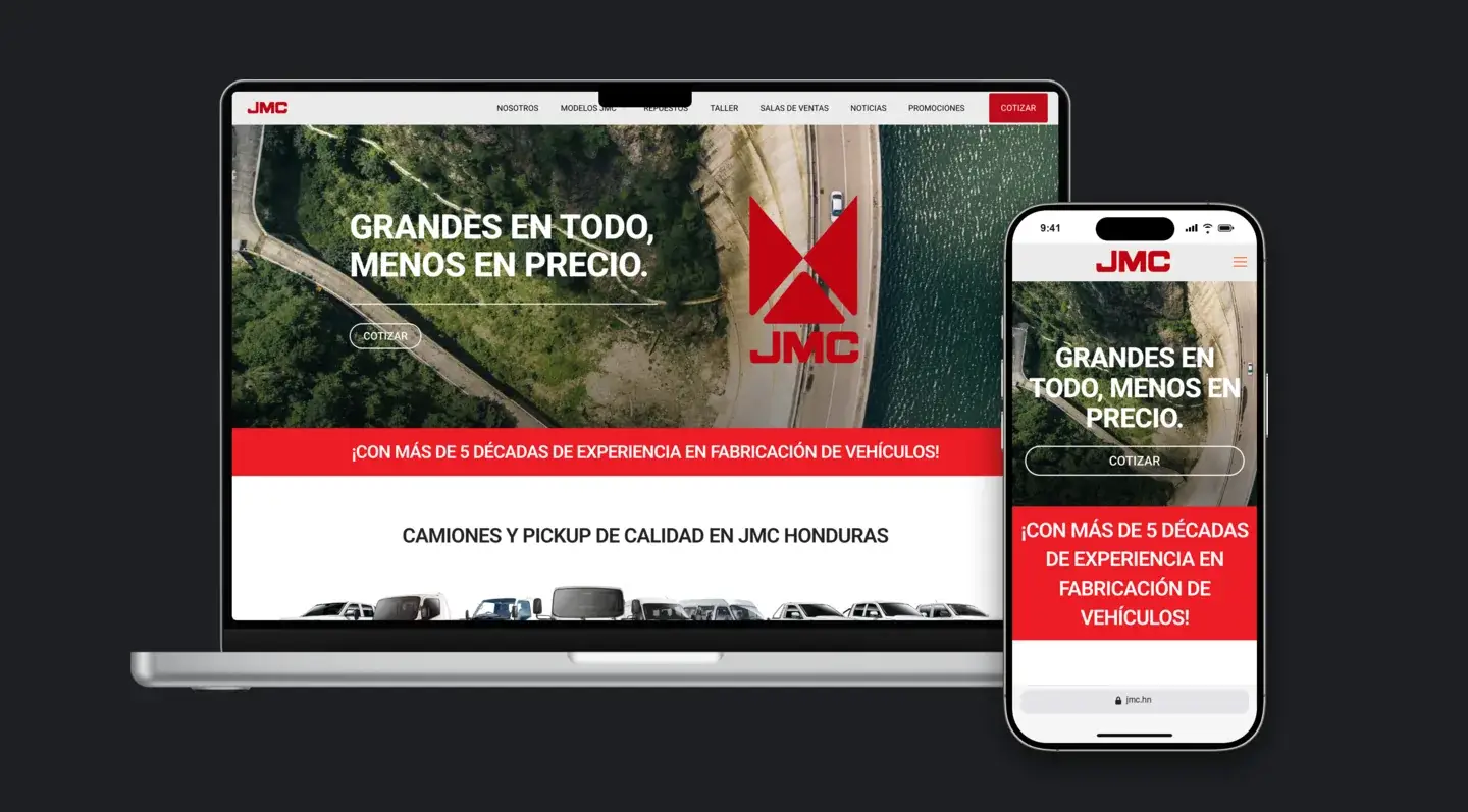 Sitio web de JMC Honduras en laptop y celular