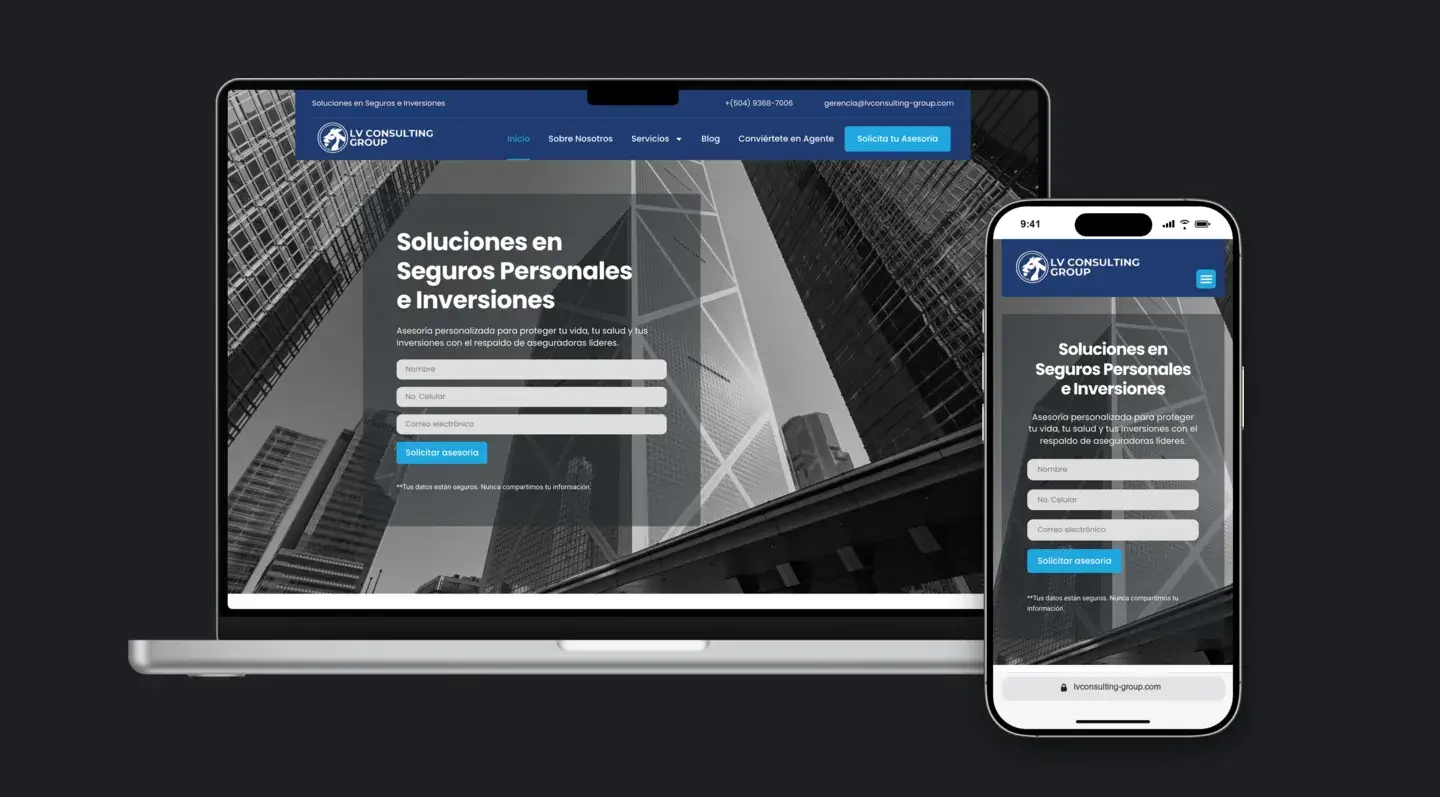 Sitio web de LV Consulting Group en laptop y celular