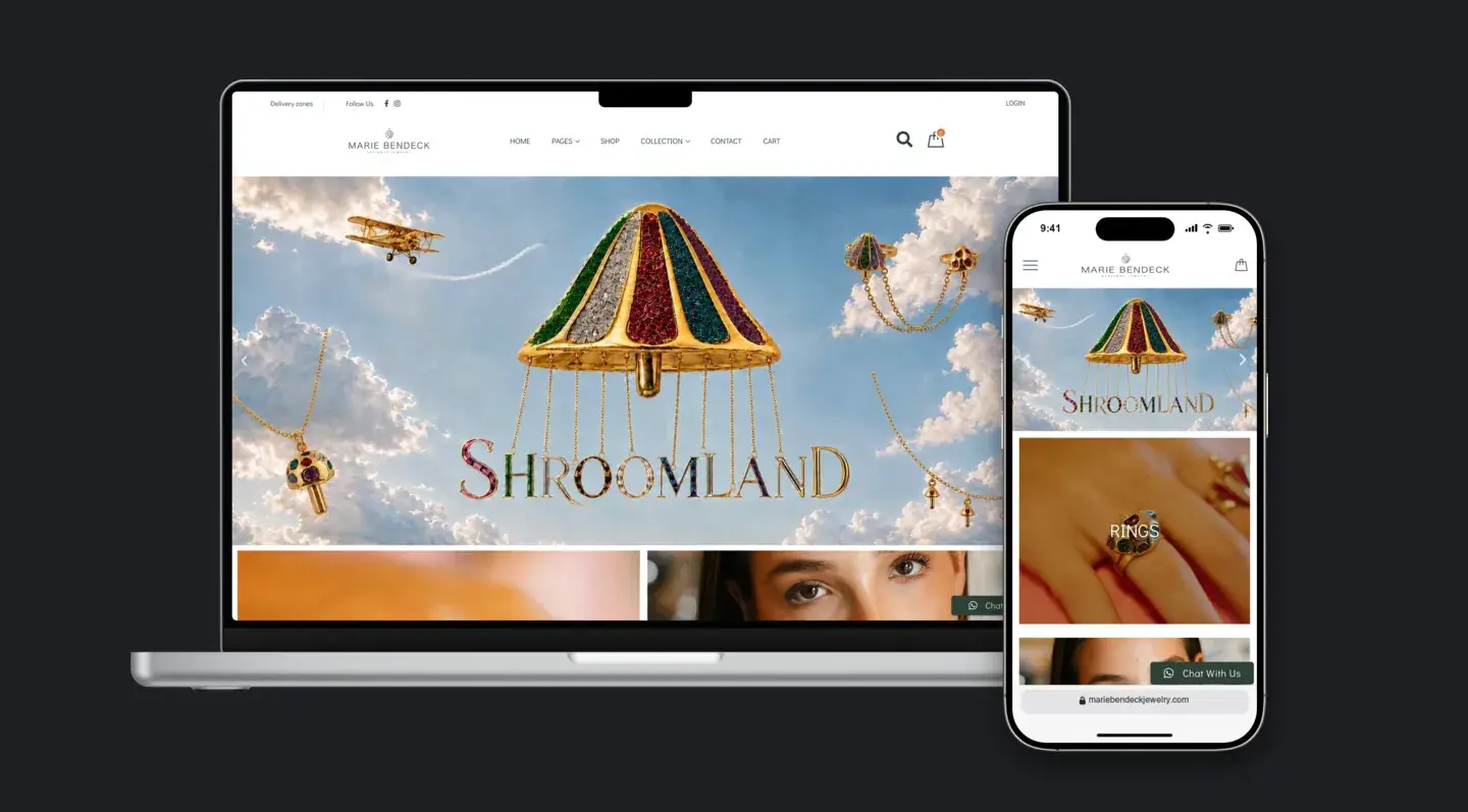 Sitio web de Marie Bendeck Jewelry en laptop y celular