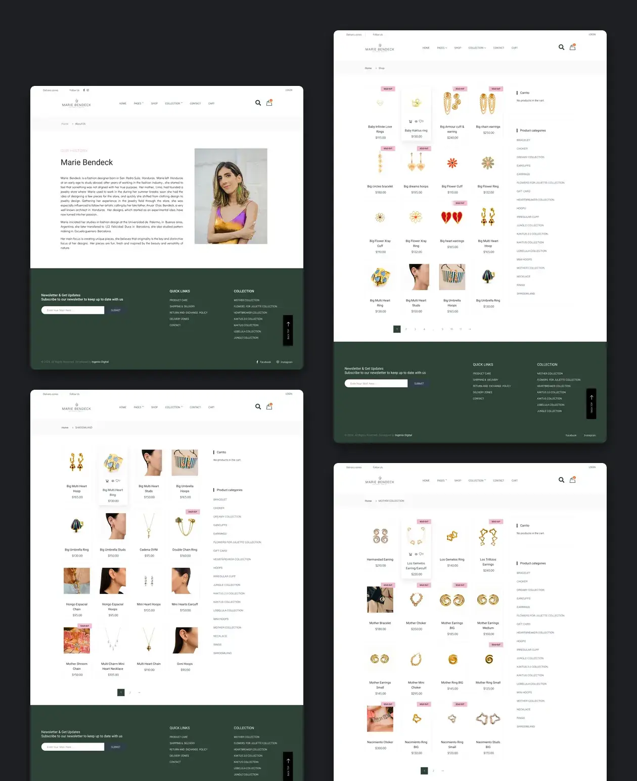 Páginas interiores del sitio de Marie Bendeck Jewelry