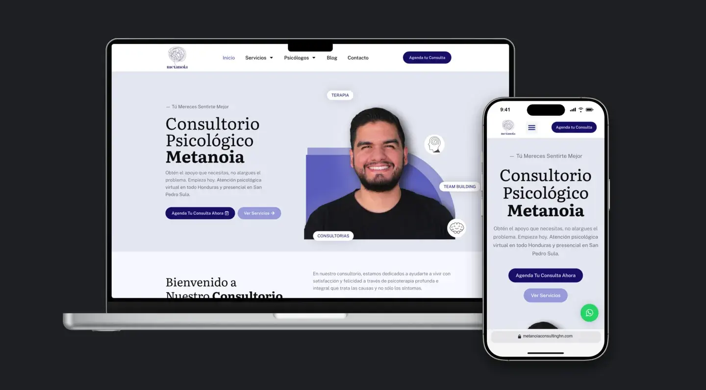 Sitio web de Metanoia Consulting en laptop y celular