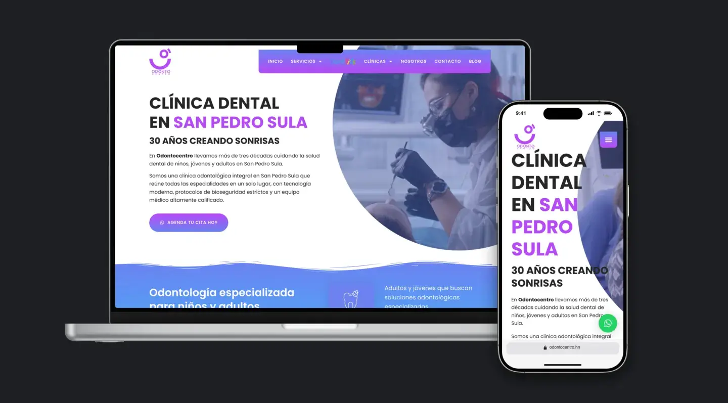 Sitio web de Odontocentro en laptop y celular