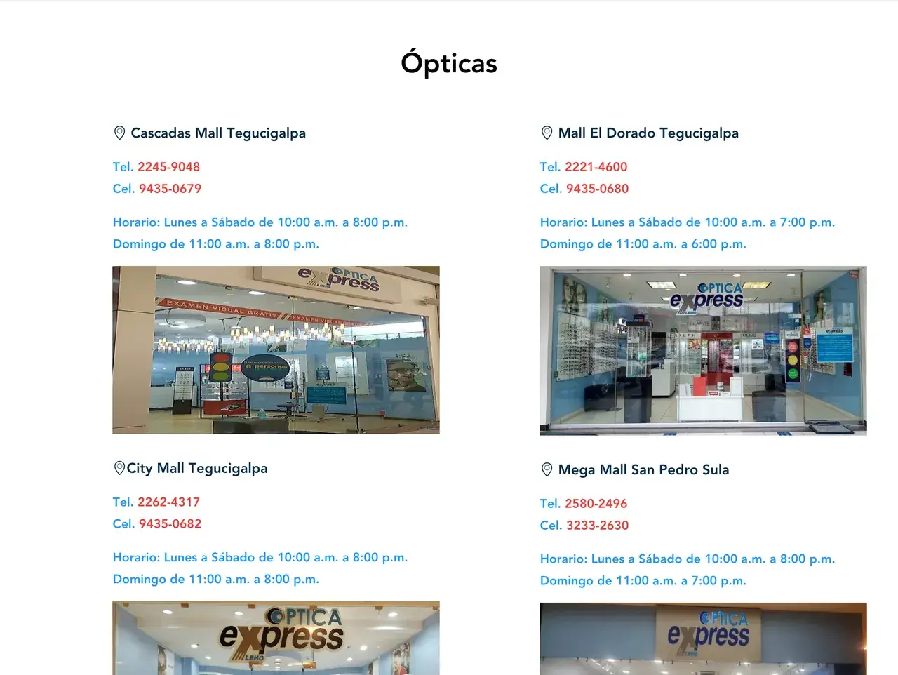 Ópticas en el sitio de Óptica Express