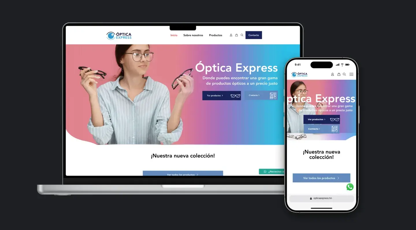Sitio web de Óptica Express en laptop y celular
