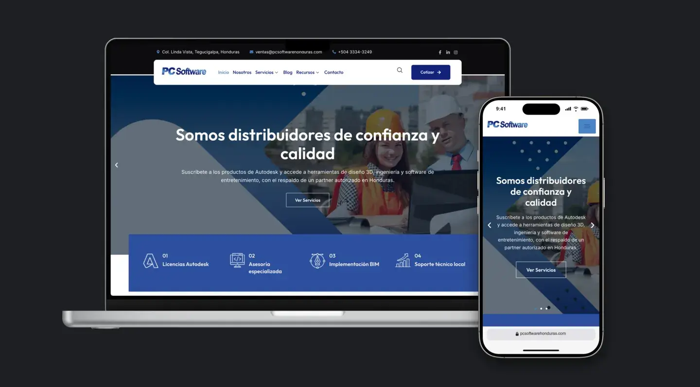 Sitio web de PC Software Honduras en laptop y celular