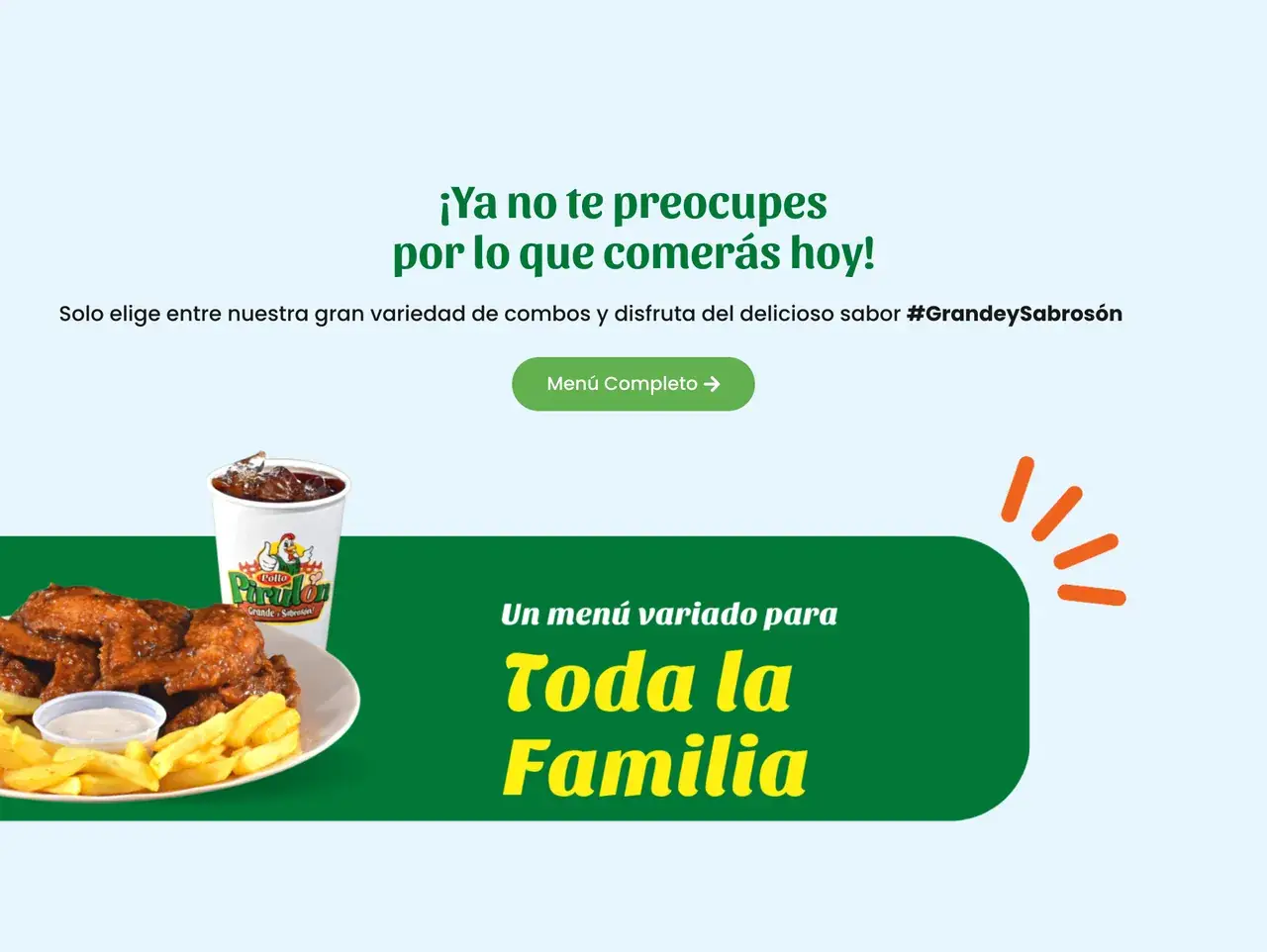 Menú para la familia en el sitio de Pollo Pirulón