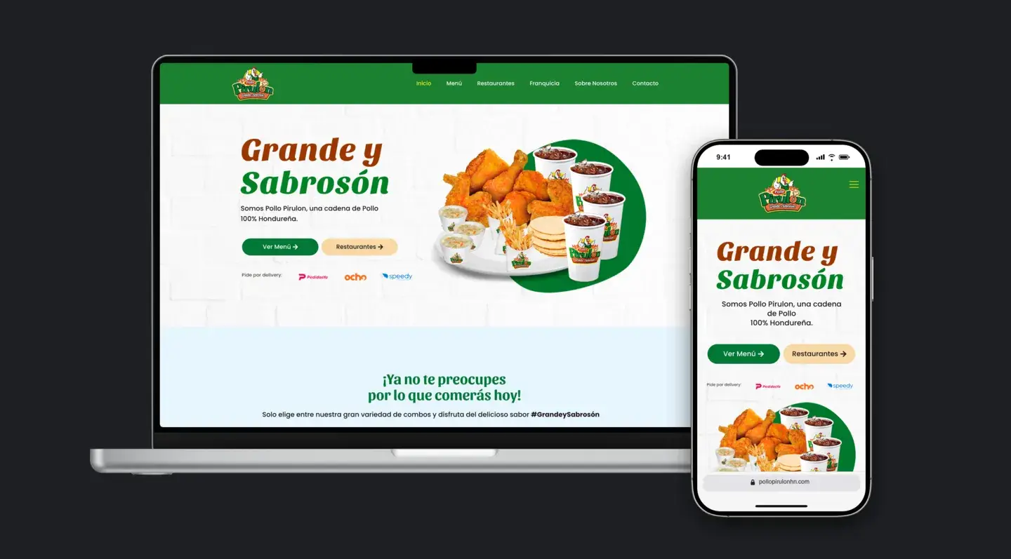Sitio web de Pollo Pirulón en laptop y celular