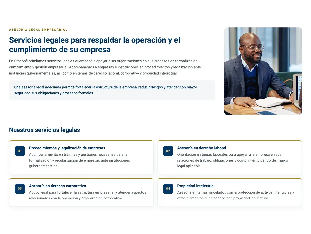 Servicios legales en el sitio de Proconfi