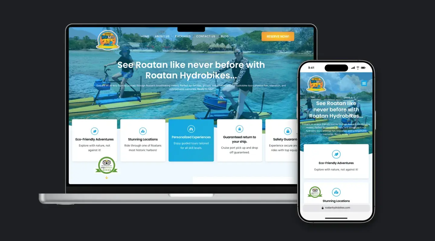 Sitio web de Roatan Hydrobikes en laptop y celular