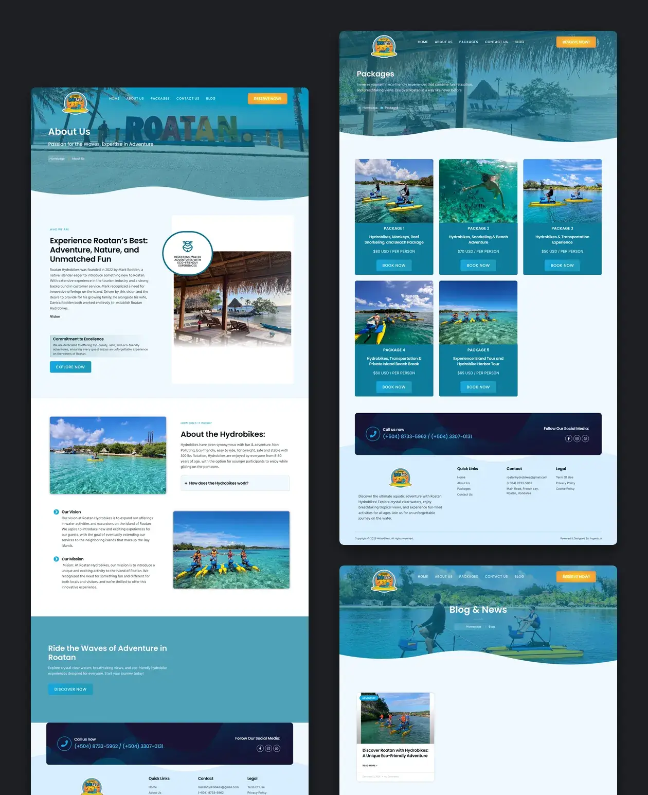 Páginas interiores del sitio de Roatan Hydrobikes