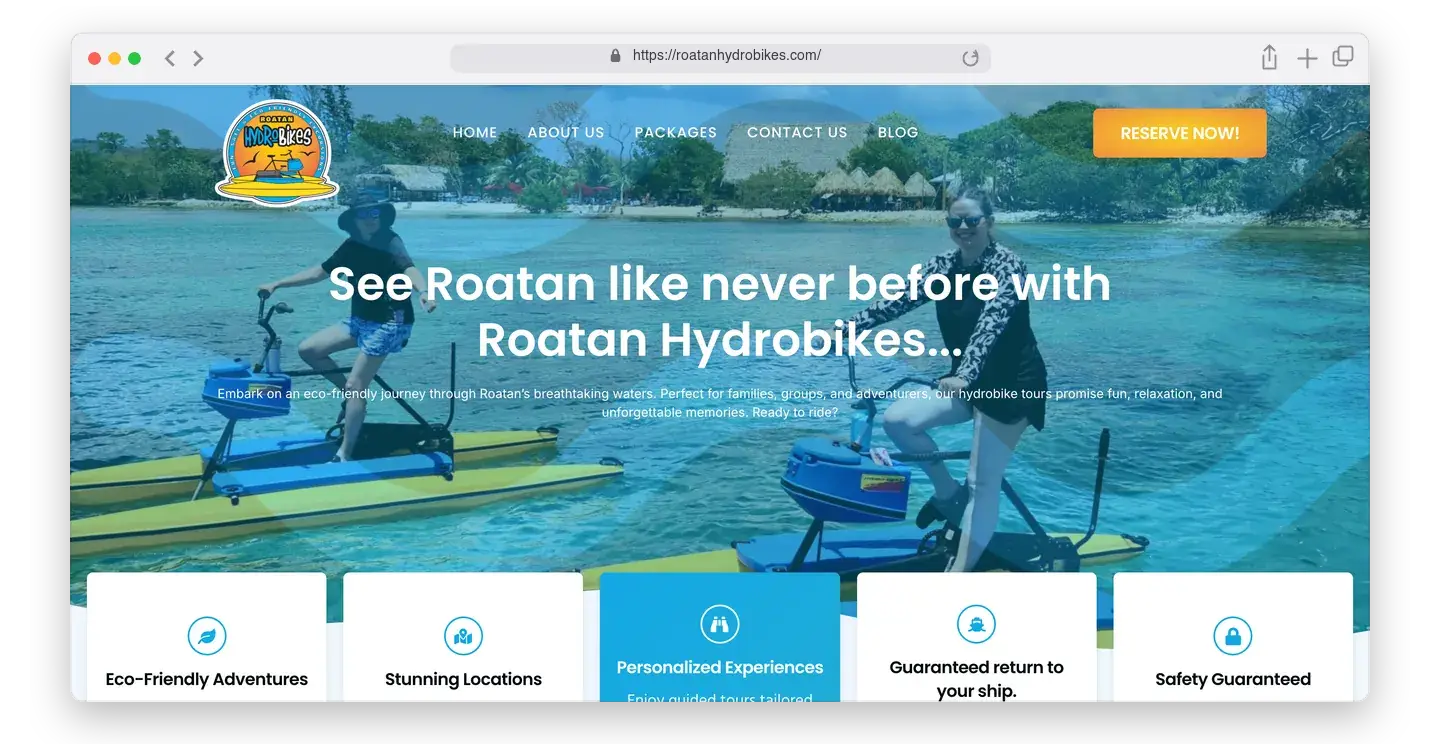 Página de inicio de Roatan Hydrobikes en el navegador