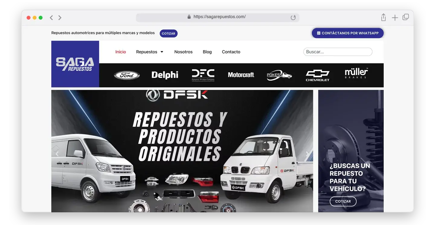 Página de inicio de Saga Repuestos en el navegador