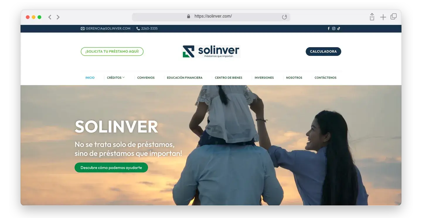 Página de inicio de Solinver en el navegador