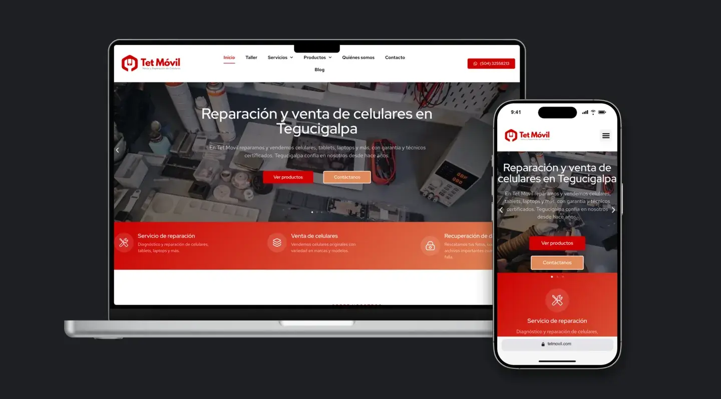 Sitio web de TET Movil en laptop y celular