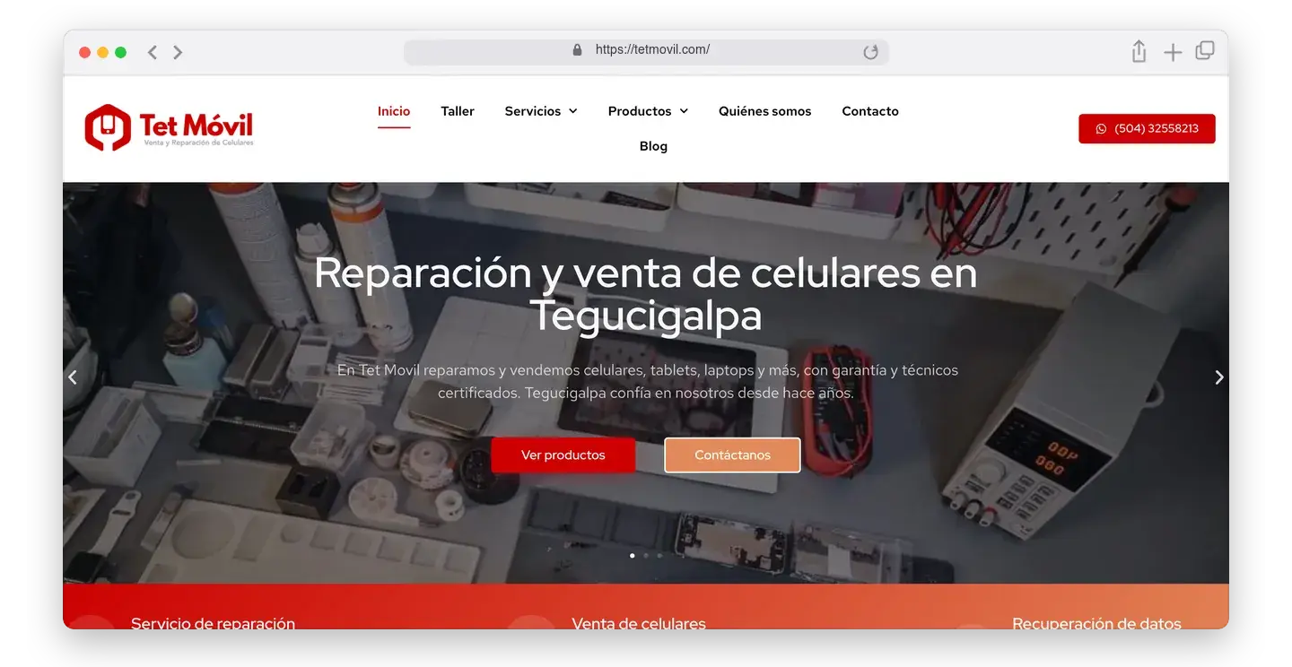 Página de inicio de TET Movil en el navegador