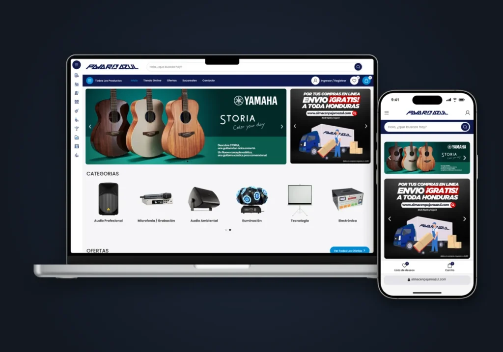 Sitio web de Almacén Pájaro Azul en laptop y celular