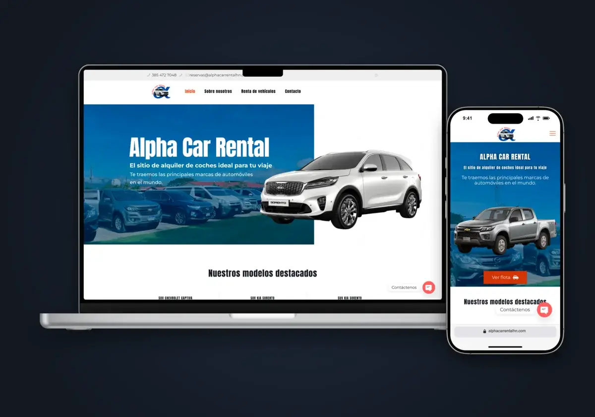 Sitio web de Alpha Car Rental en laptop y celular