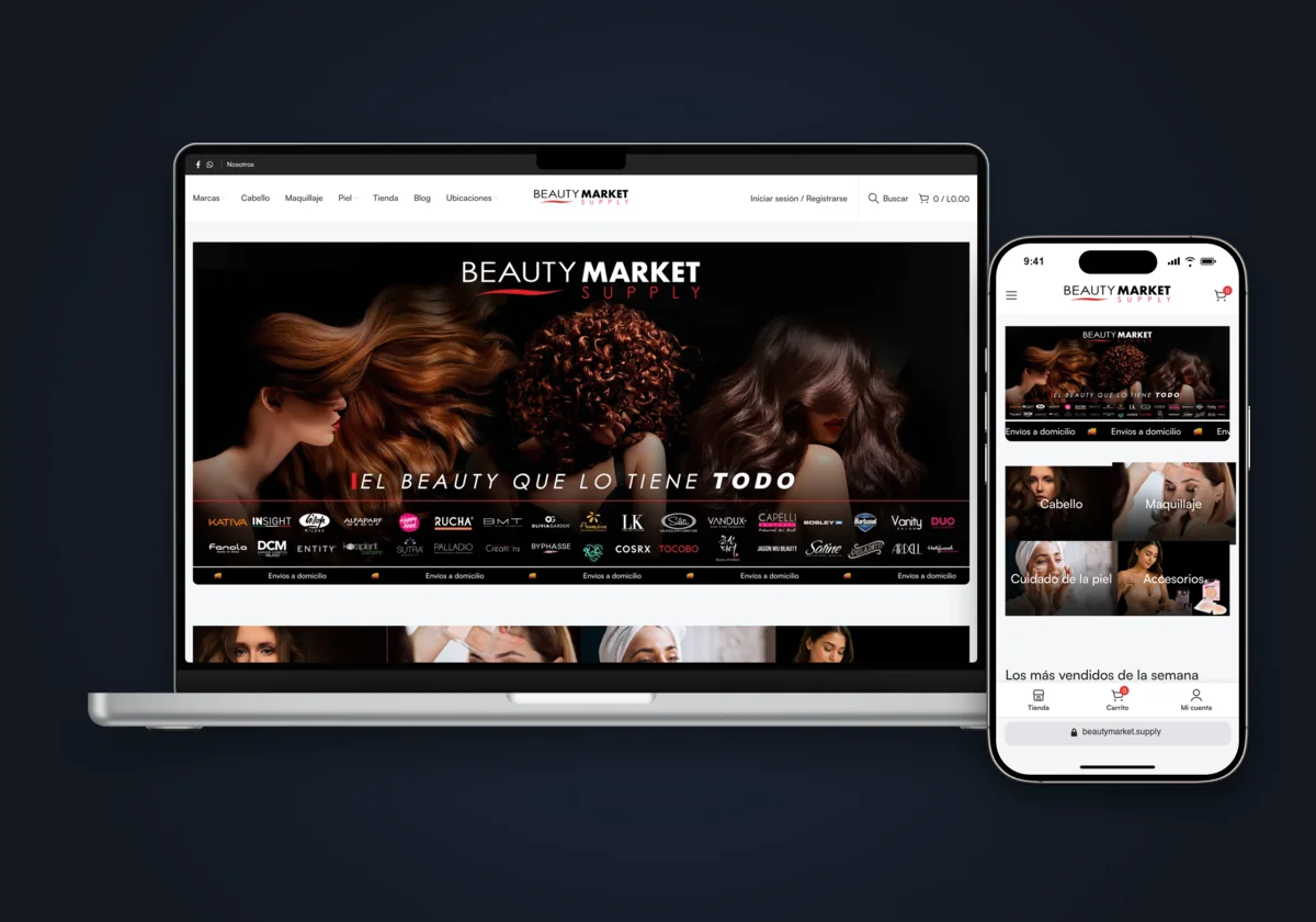 Sitio web de Beauty Market en laptop y celular