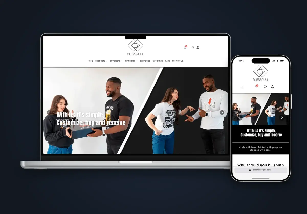 Sitio web de Blissful Designs en laptop y celular