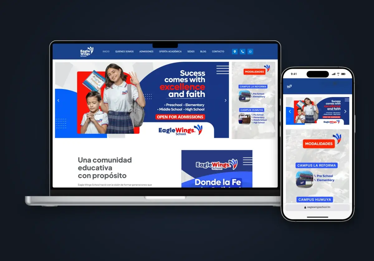Sitio web de Eagle Wings School en laptop y celular