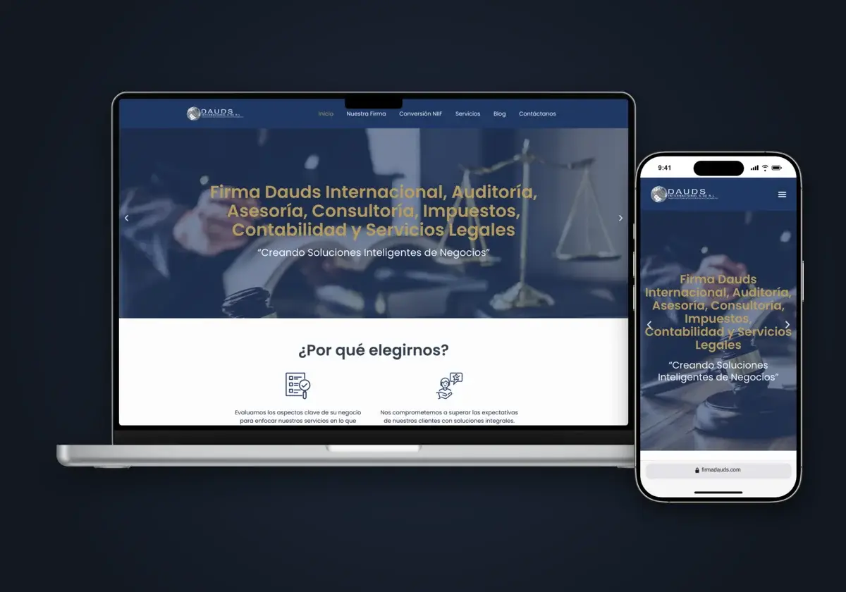 Sitio web de Firma DAUDS en laptop y celular