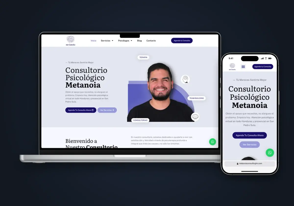 Sitio web de Metanoia Consulting en laptop y celular