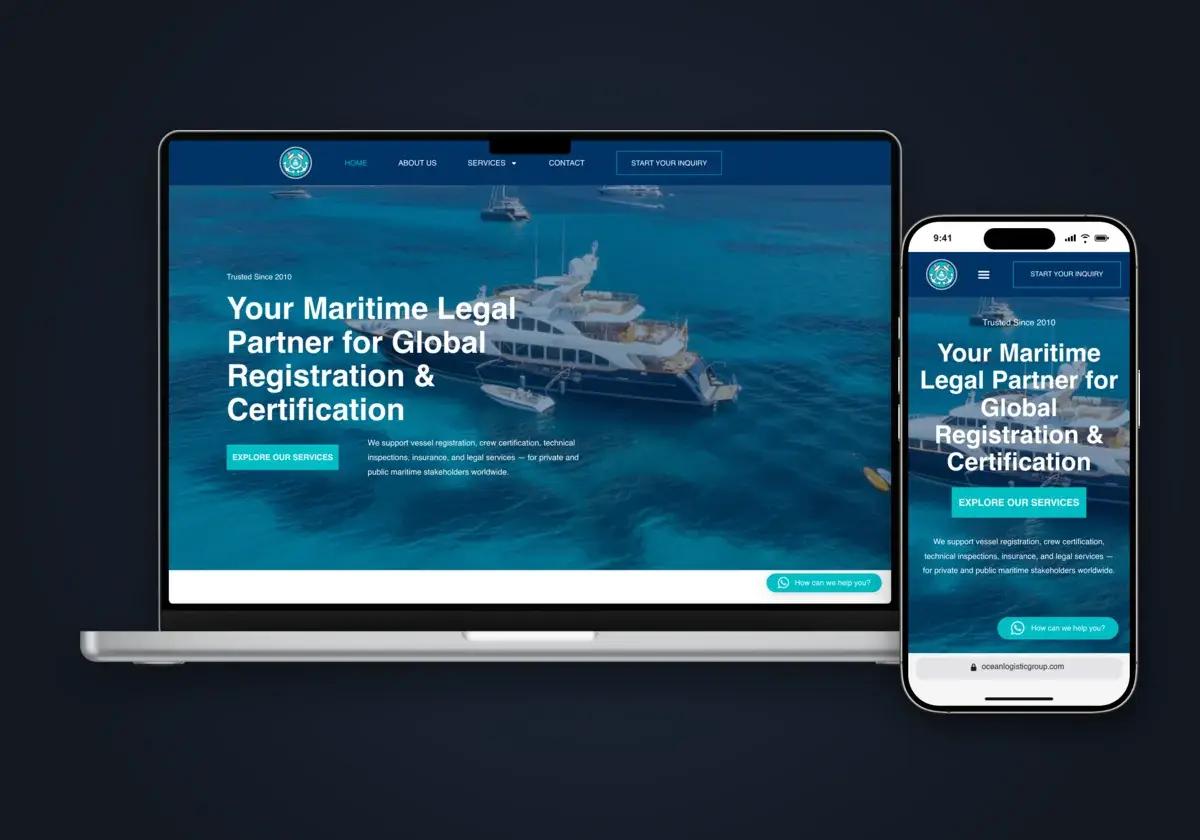 Sitio web de Ocean Logistic Group en laptop y celular