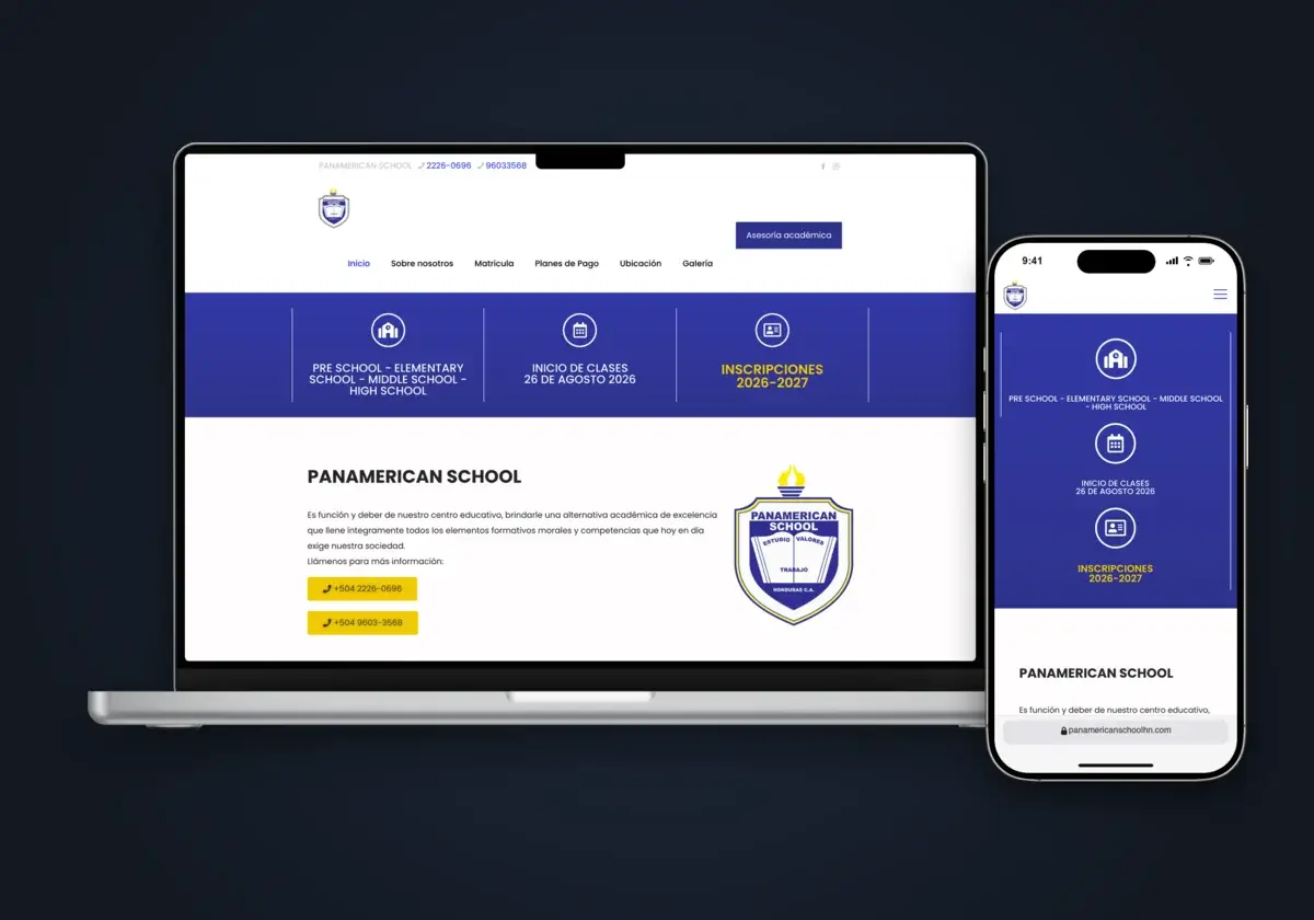 Sitio web de Panamerican School en laptop y celular