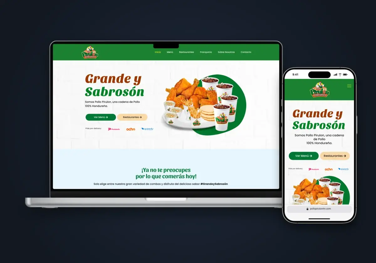 Sitio web de Pollo Pirulón en laptop y celular
