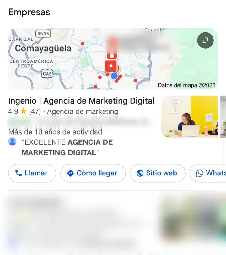Búsqueda «agencia de marketing digital» en Google desde un celular: Ingenio primero entre las empresas, 4.9 con 47 reseñas (19-10-2026)